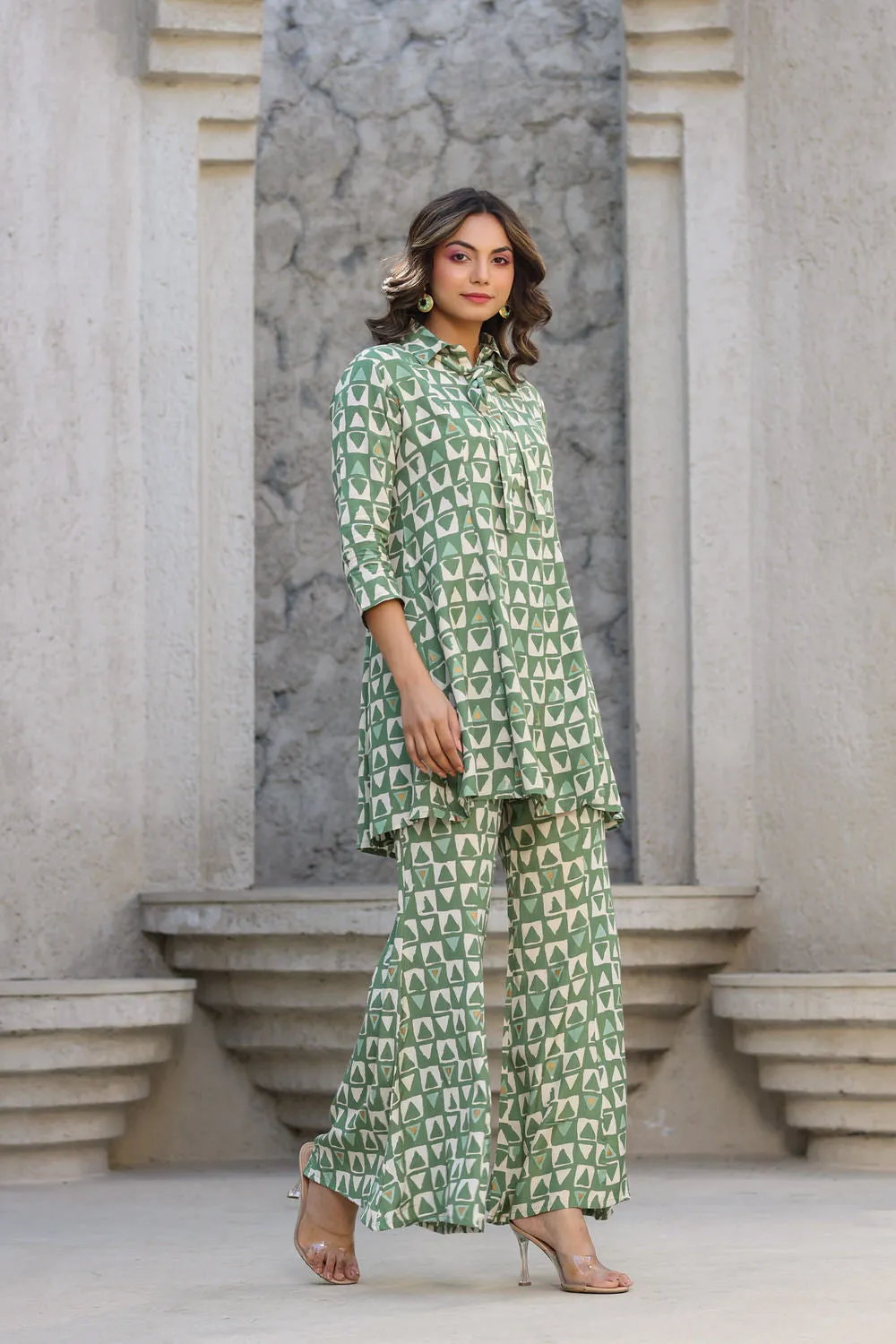 Abstract print on Green Muslin Silk Co ord Set