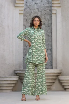 Abstract print on Green Muslin Silk Co ord Set