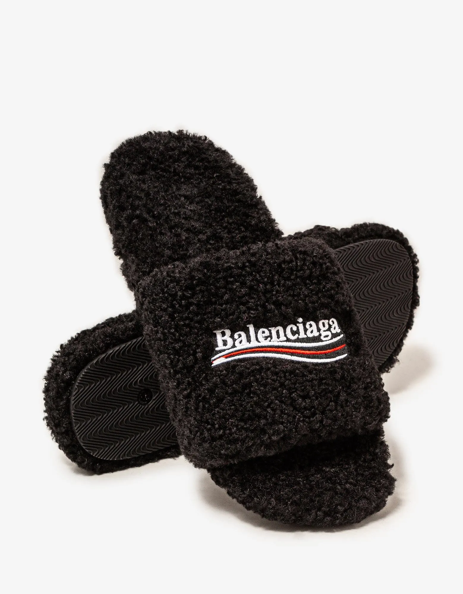 Balenciaga Black Political Logo Furry Slide Sandals