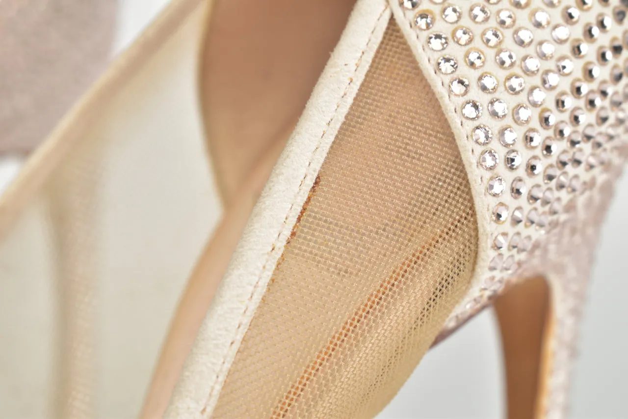 Beige Crystal Embellished Peep Toe Pumps