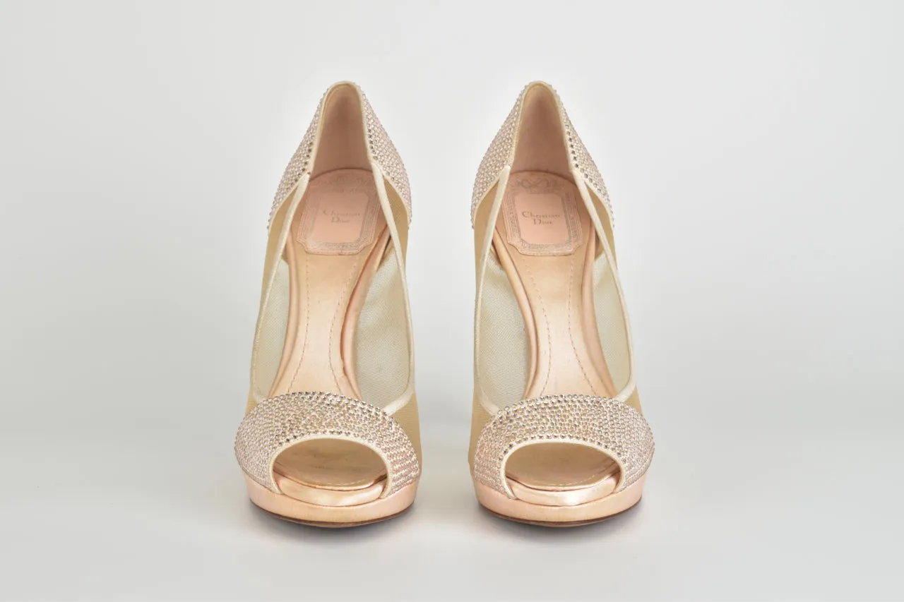 Beige Crystal Embellished Peep Toe Pumps