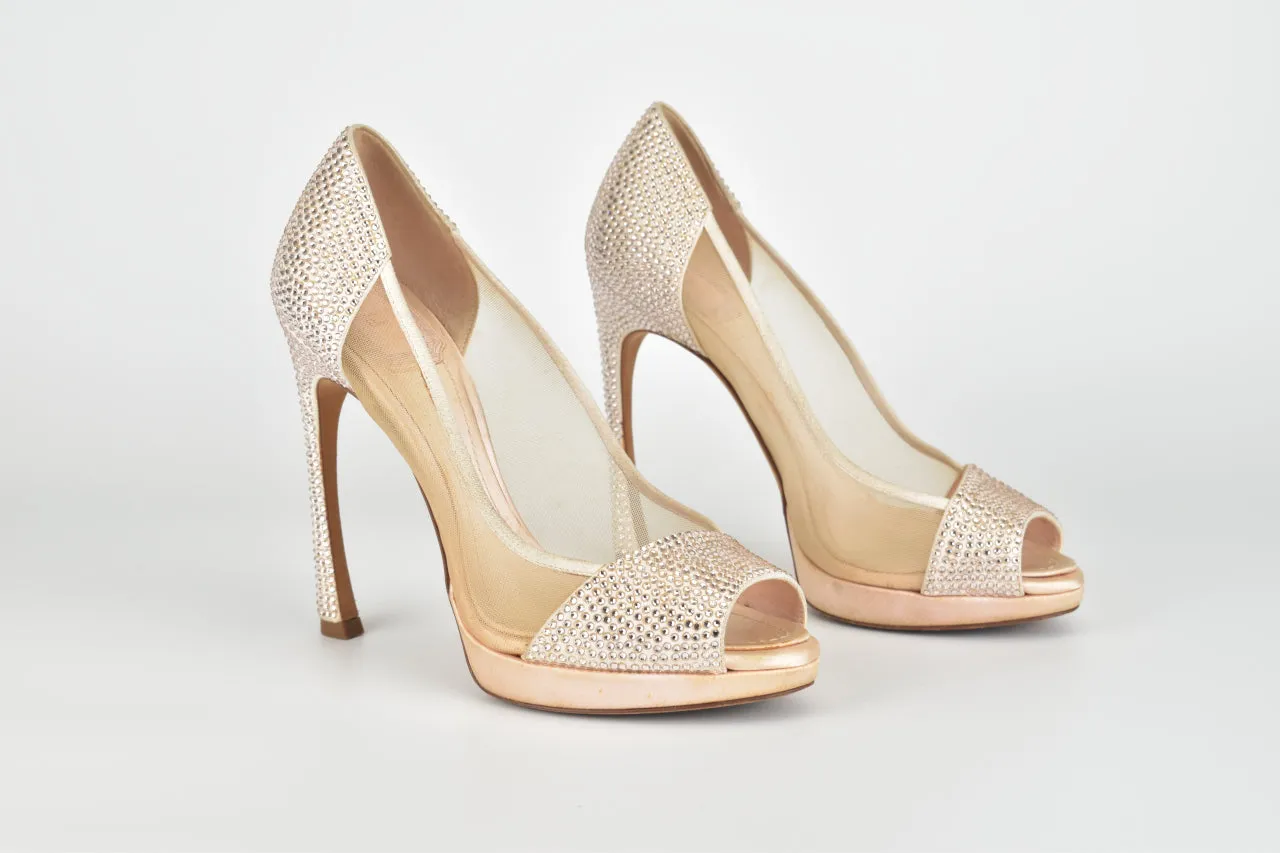 Beige Crystal Embellished Peep Toe Pumps