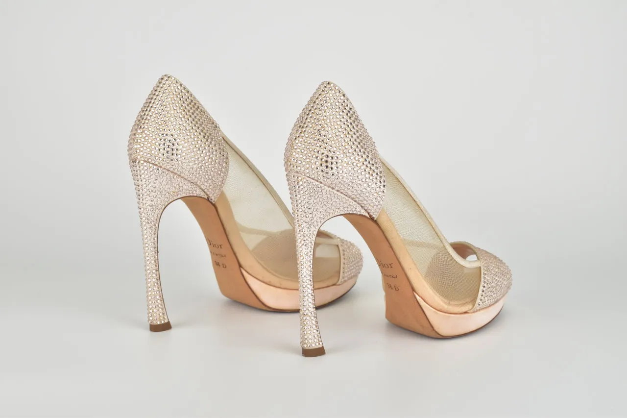 Beige Crystal Embellished Peep Toe Pumps