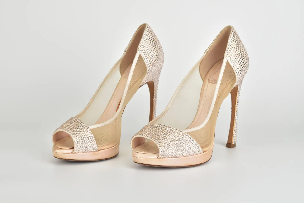 Beige Crystal Embellished Peep Toe Pumps