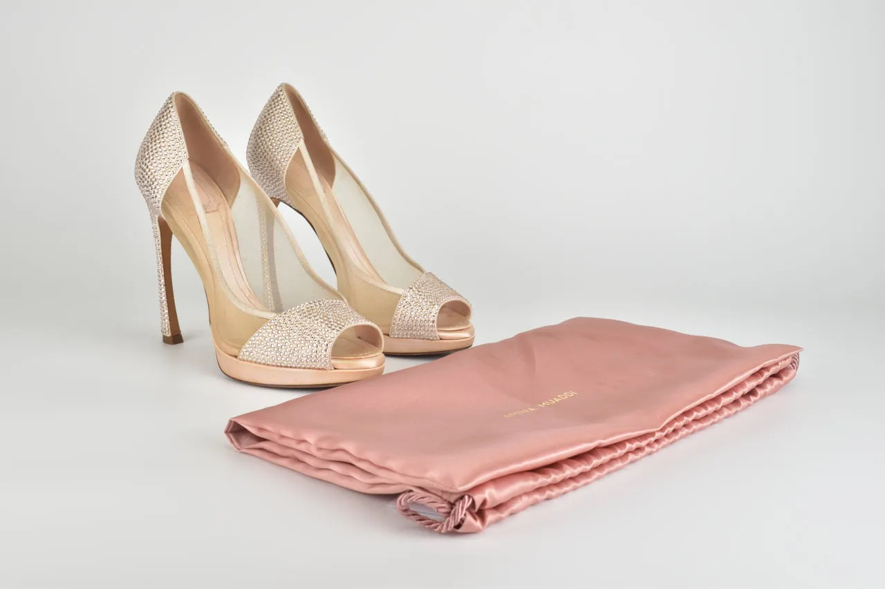 Beige Crystal Embellished Peep Toe Pumps