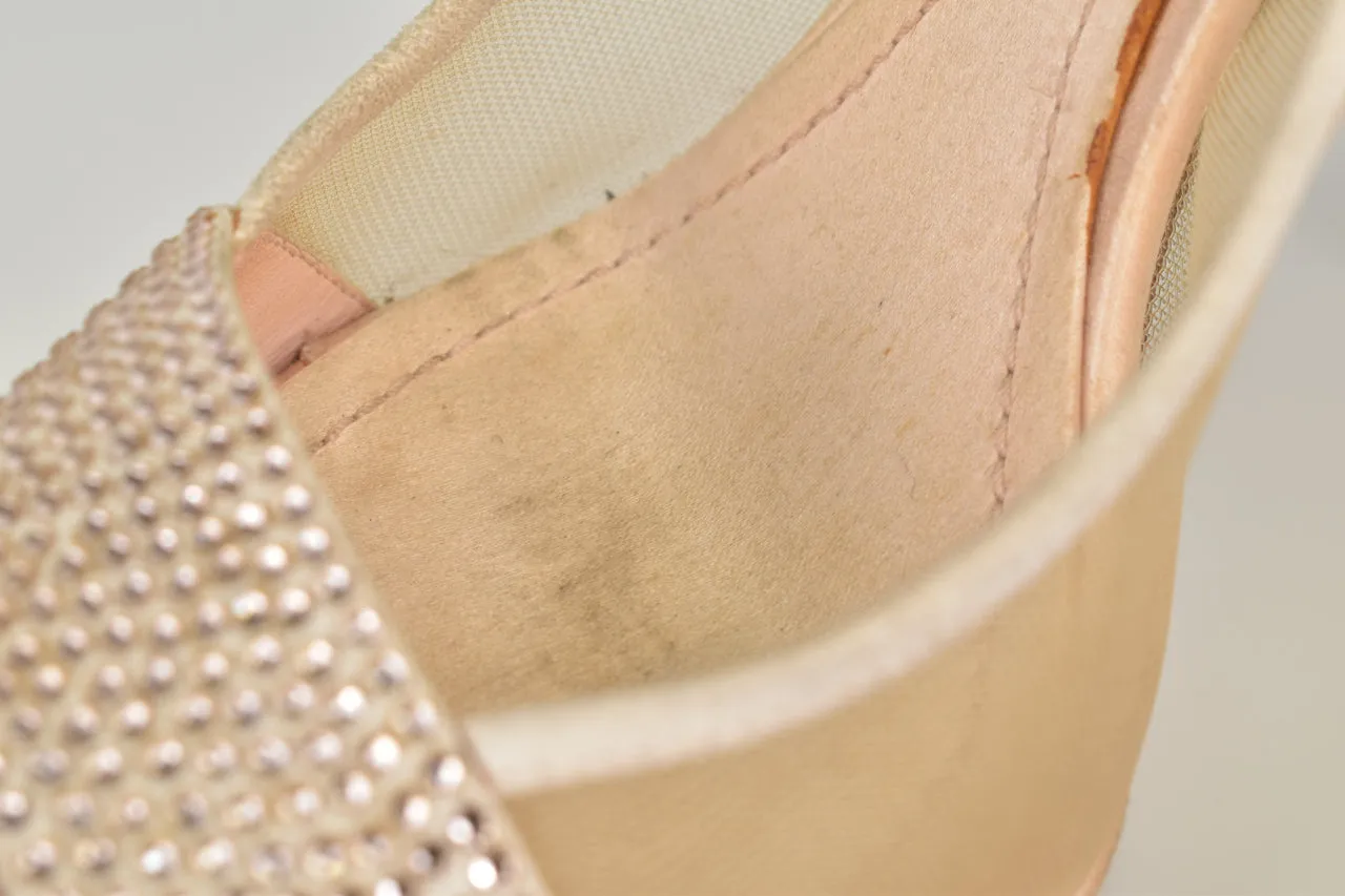 Beige Crystal Embellished Peep Toe Pumps