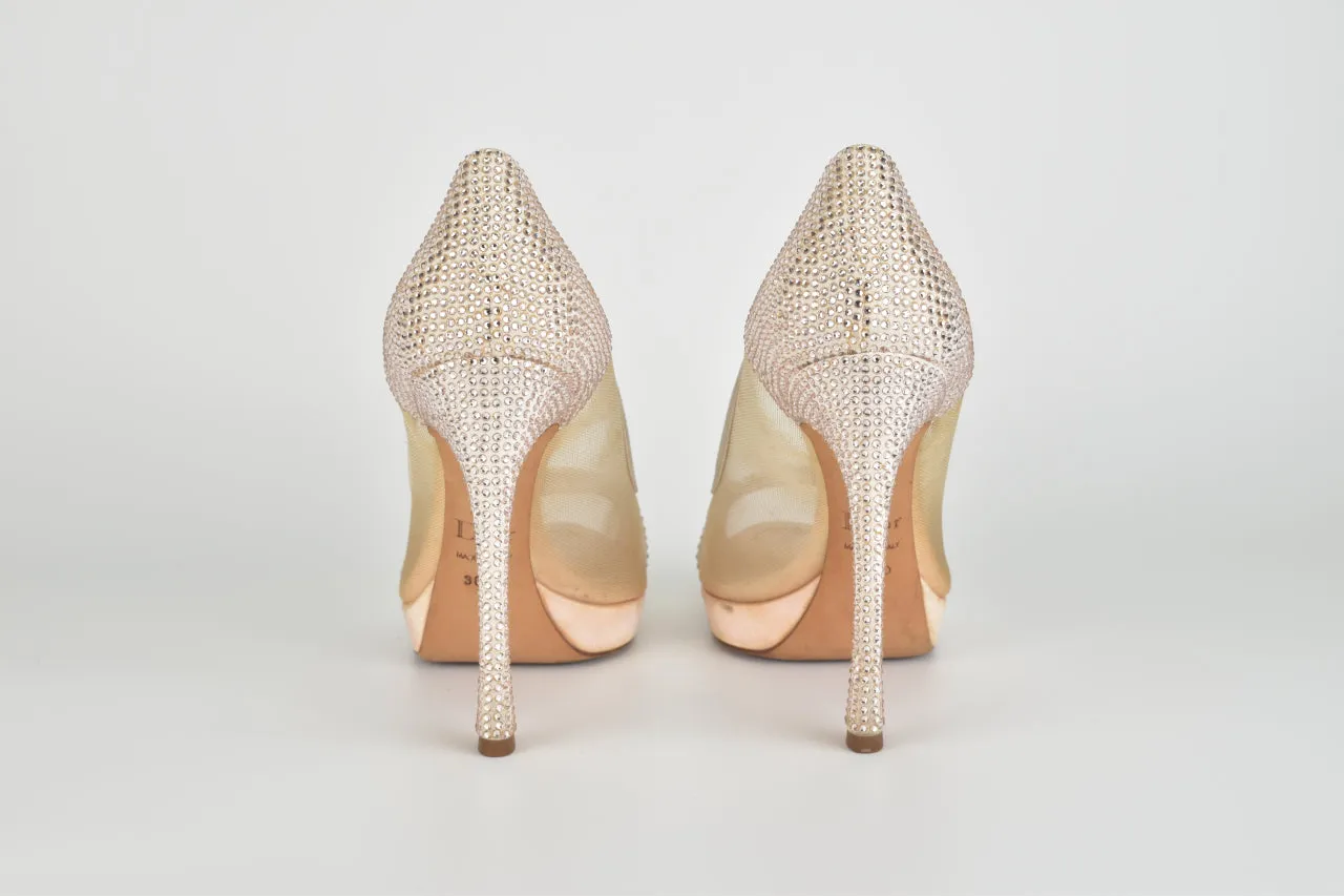 Beige Crystal Embellished Peep Toe Pumps