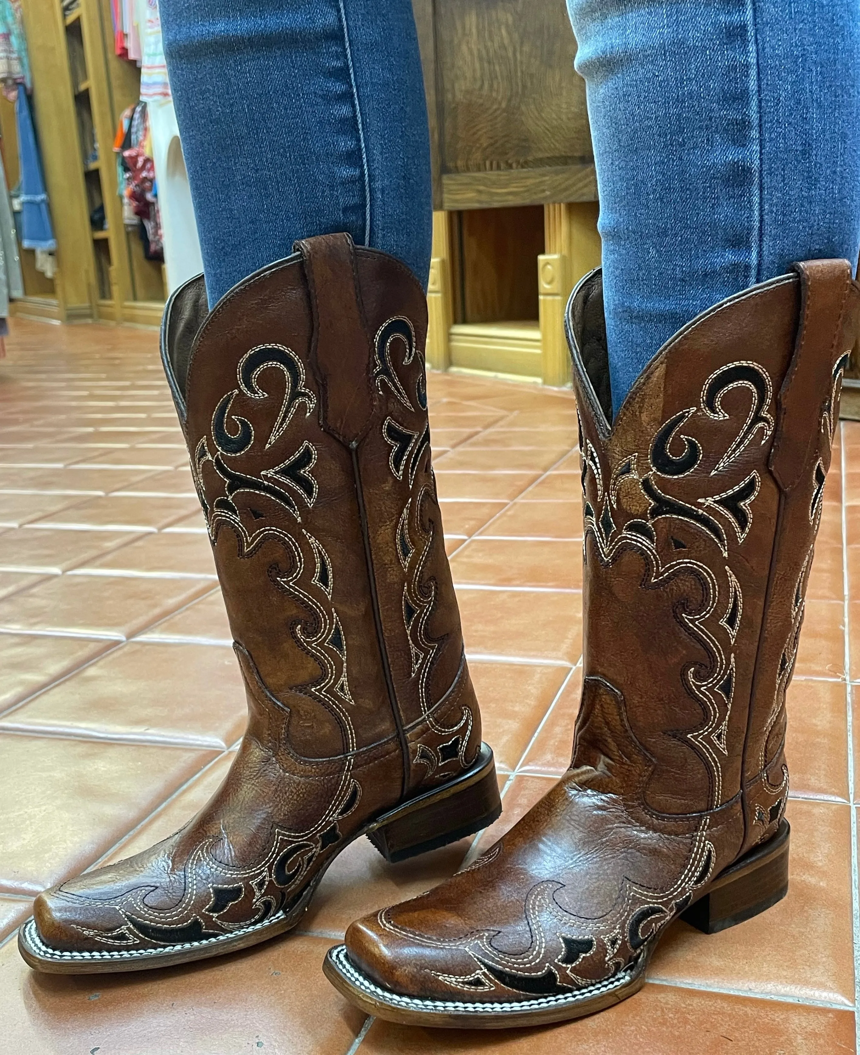 Brown & Black Embroidered  Square Toe Women's Boots