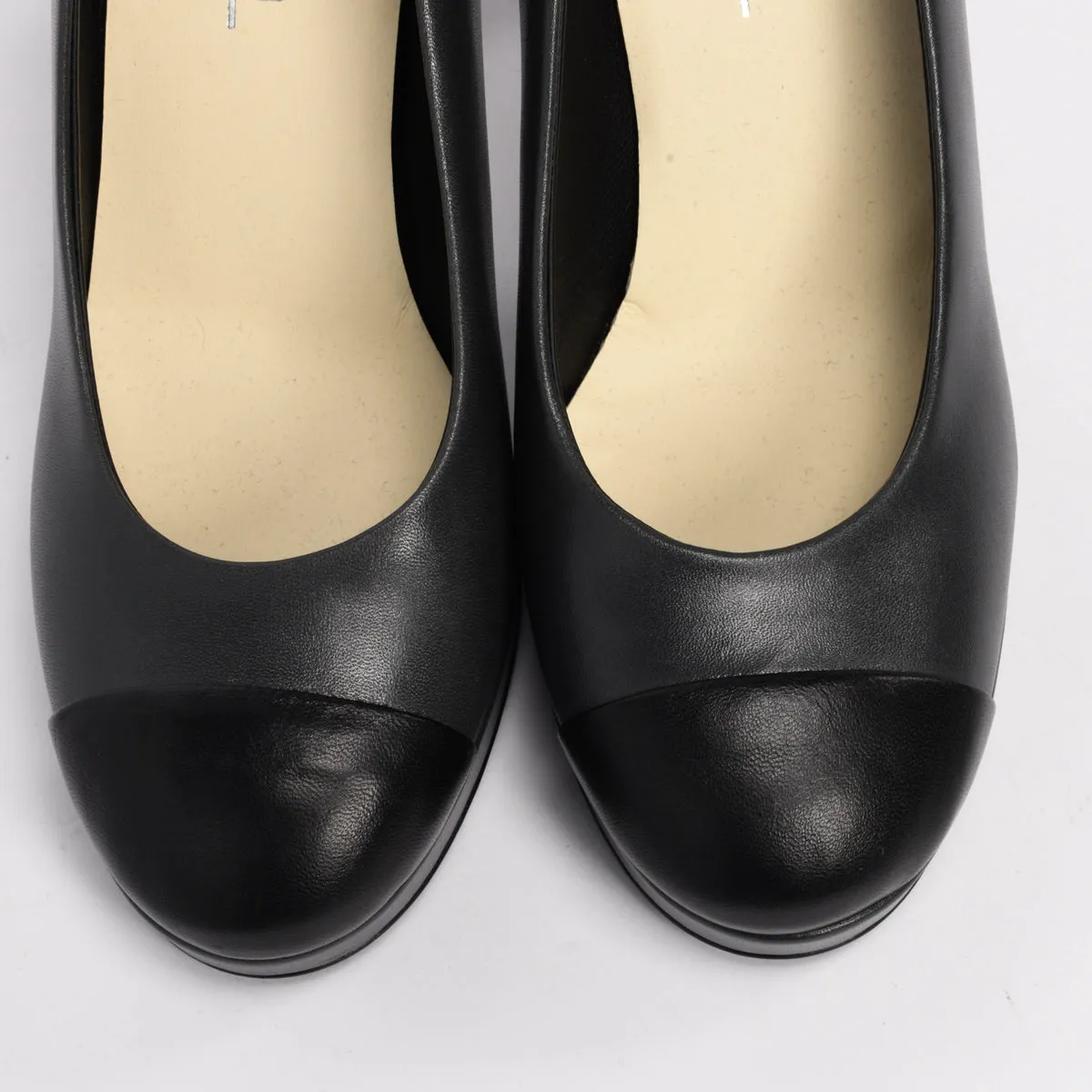 Chanel Charcoal Lambskin Cap Toe CC Pumps 38