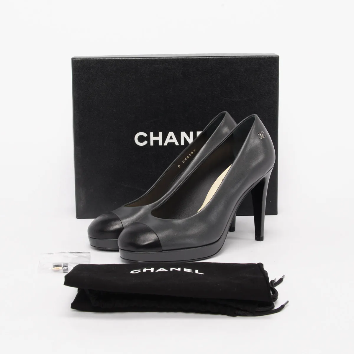 Chanel Charcoal Lambskin Cap Toe CC Pumps 38