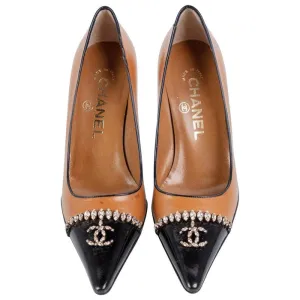 CHANEL Dark Beige Black Leather Classic Point Toe Jewel Pump, 2002 |  35 EU - 5 US