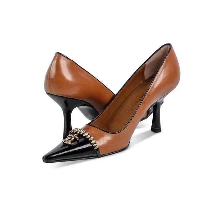 CHANEL Dark Beige Black Leather Classic Point Toe Jewel Pump, 2002 |  35 EU - 5 US