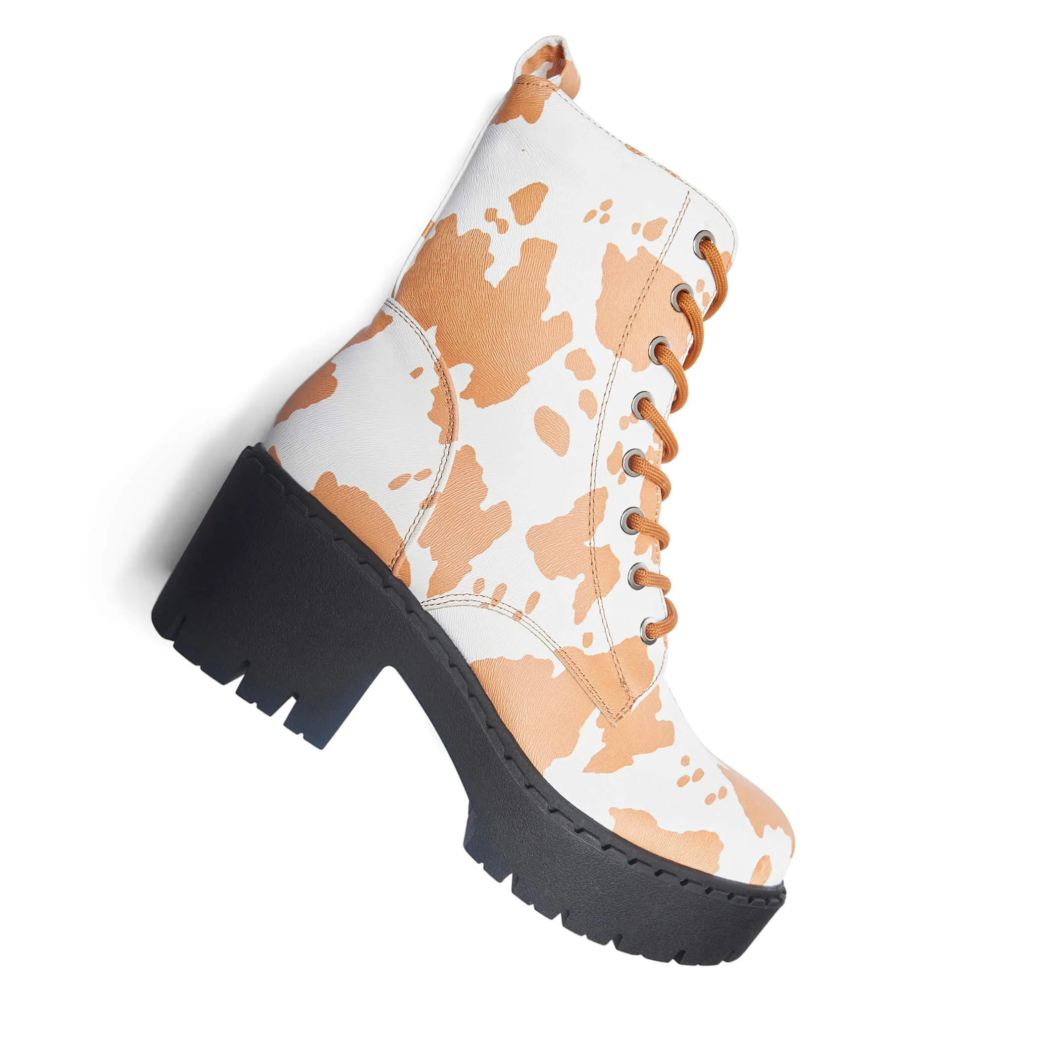 Clarabelle Brown Cow Print Switch Lace Up Boots