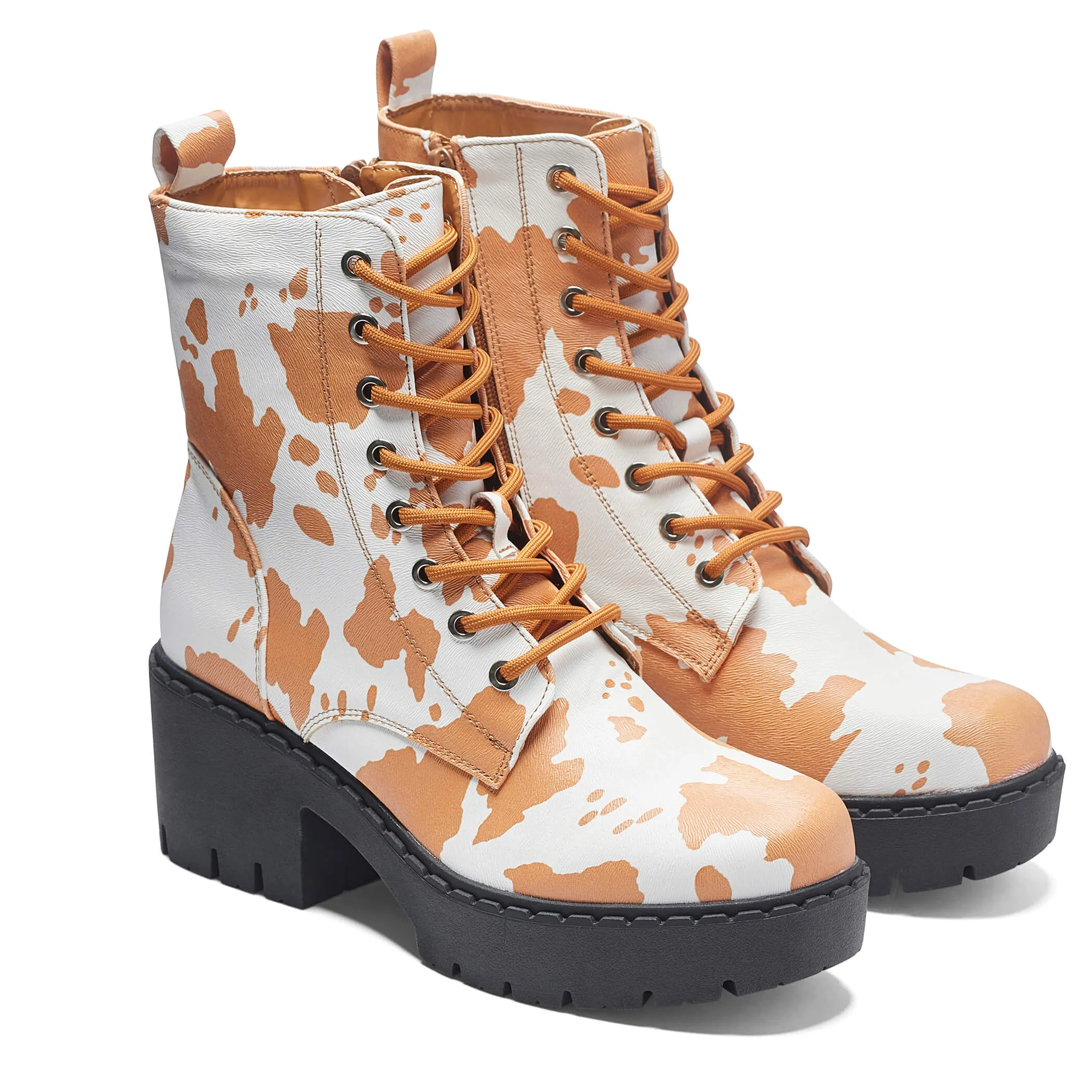 Clarabelle Brown Cow Print Switch Lace Up Boots