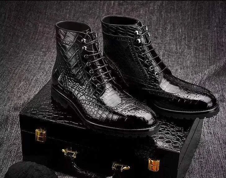 Crocodile Shoes Crocodile Leather Wingtip Lace Up Boots Black