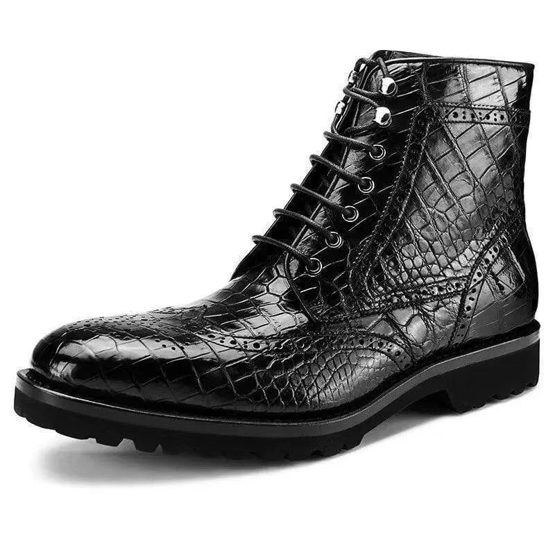 Crocodile Shoes Crocodile Leather Wingtip Lace Up Boots Black