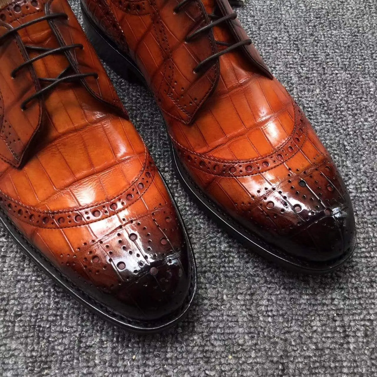 Crocodile Shoes Genuine Crocodile  Belly Leather  Shoes  Mens Cap Toe Crust Tuscania Wingtip