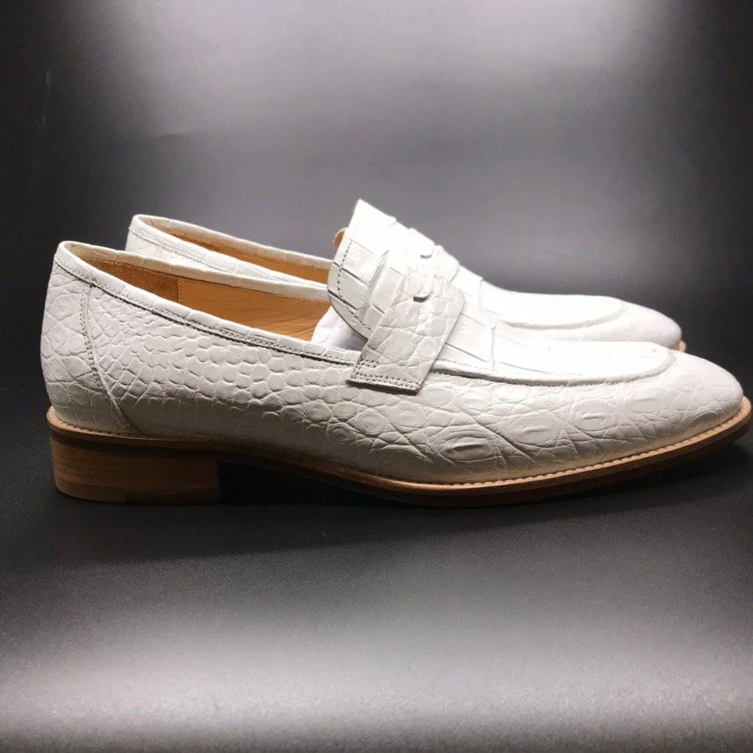 Crocodile Shoes Genuine Crocodile Leather Mens Penny Loafers Dress Shoes White