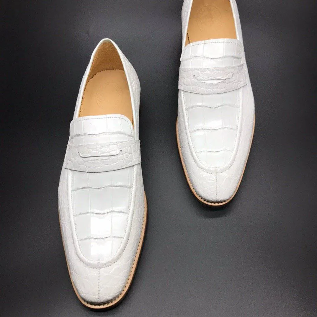 Crocodile Shoes Genuine Crocodile Leather Mens Penny Loafers Dress Shoes White