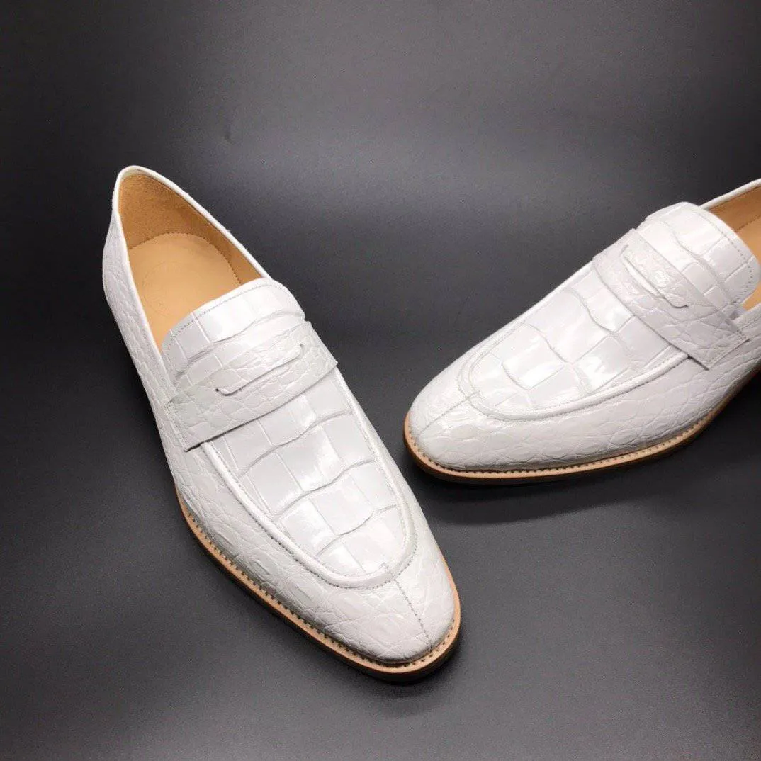 Crocodile Shoes Genuine Crocodile Leather Mens Penny Loafers Dress Shoes White