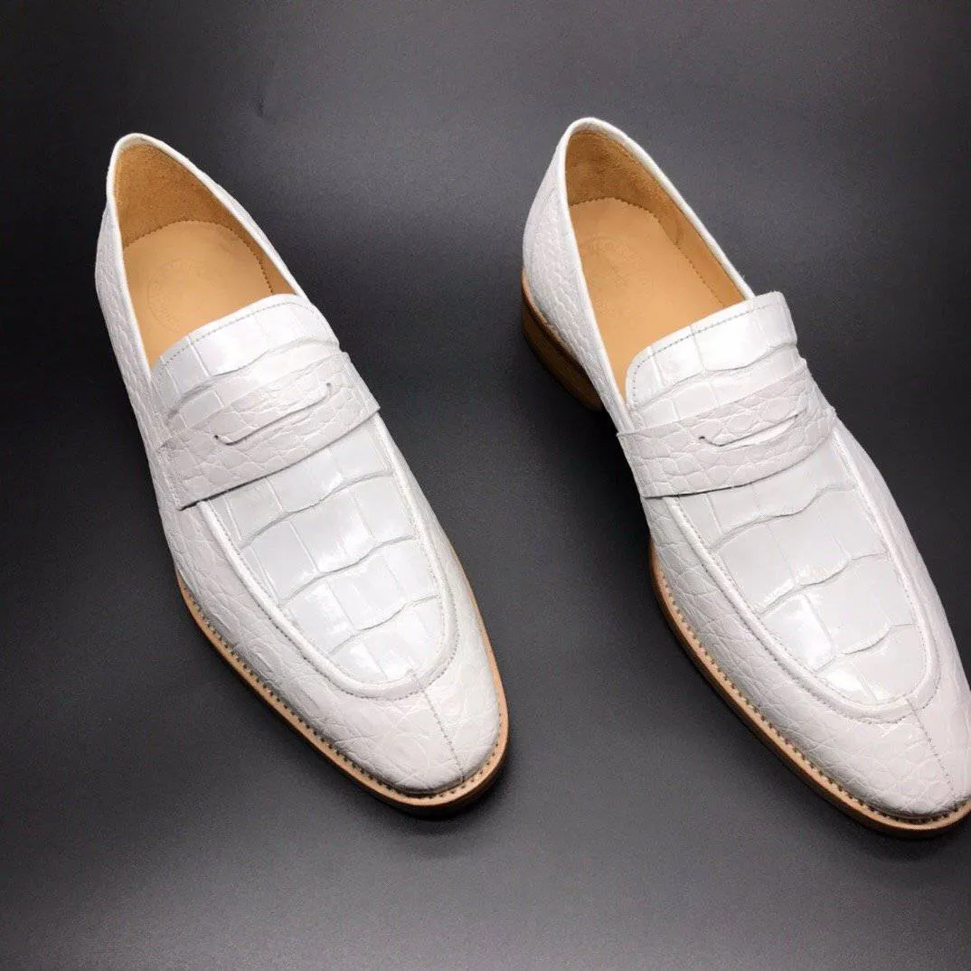 Crocodile Shoes Genuine Crocodile Leather Mens Penny Loafers Dress Shoes White