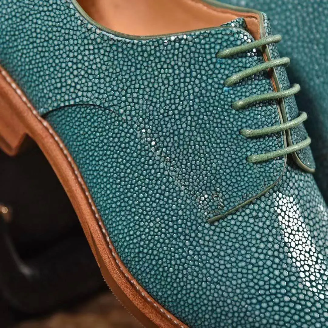 Crocodile Shoes GenuinePearl Stingray Leather Mens Wingtip Formal Lace up Wedding Office Shoes Green