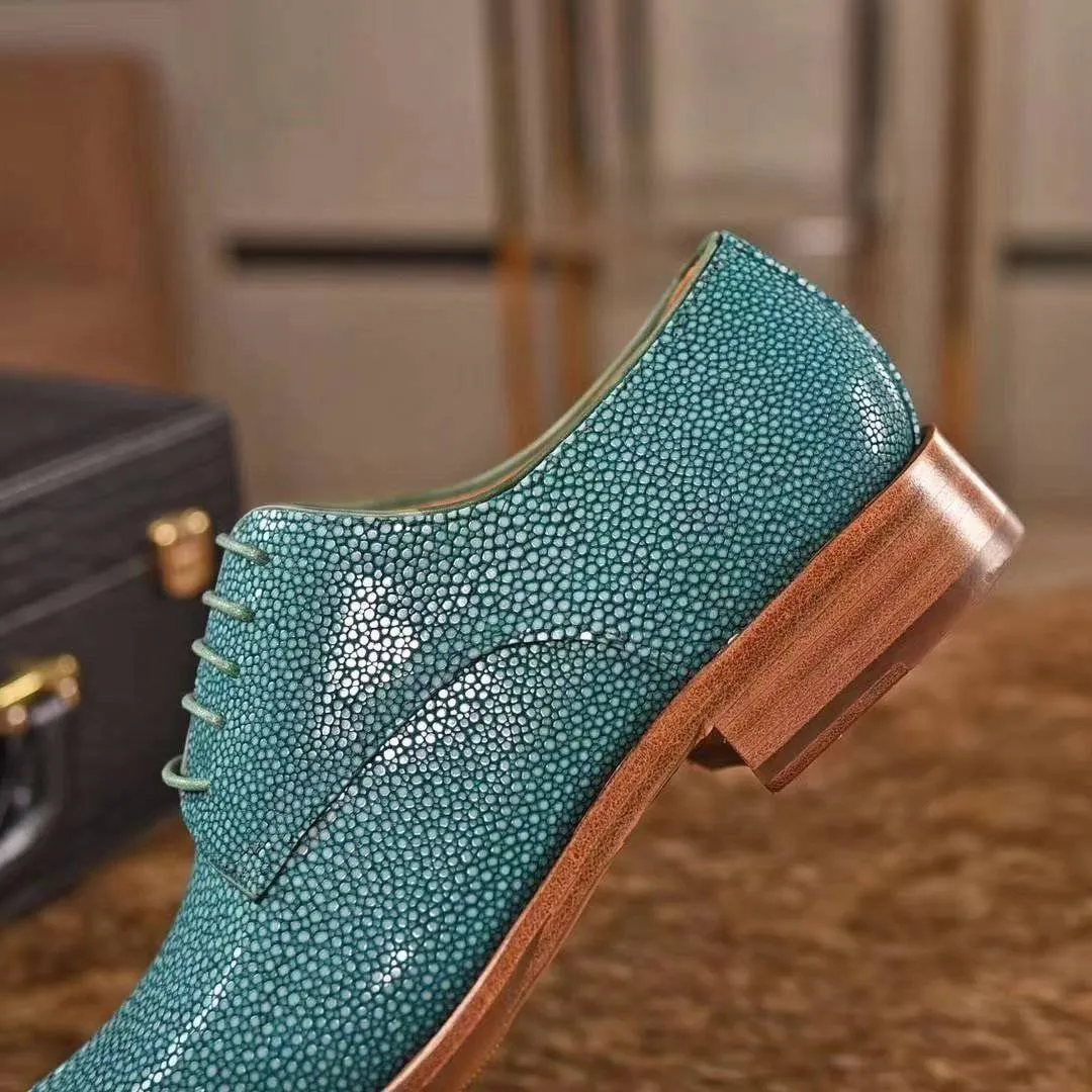 Crocodile Shoes GenuinePearl Stingray Leather Mens Wingtip Formal Lace up Wedding Office Shoes Green