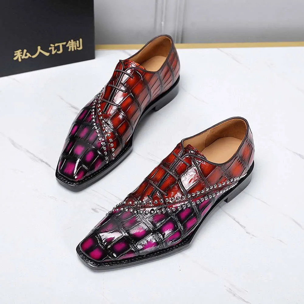 Crocodile Shoes Men's Crocodile Leather Shoes Lace Up Shoes Vintage Brown & Pink