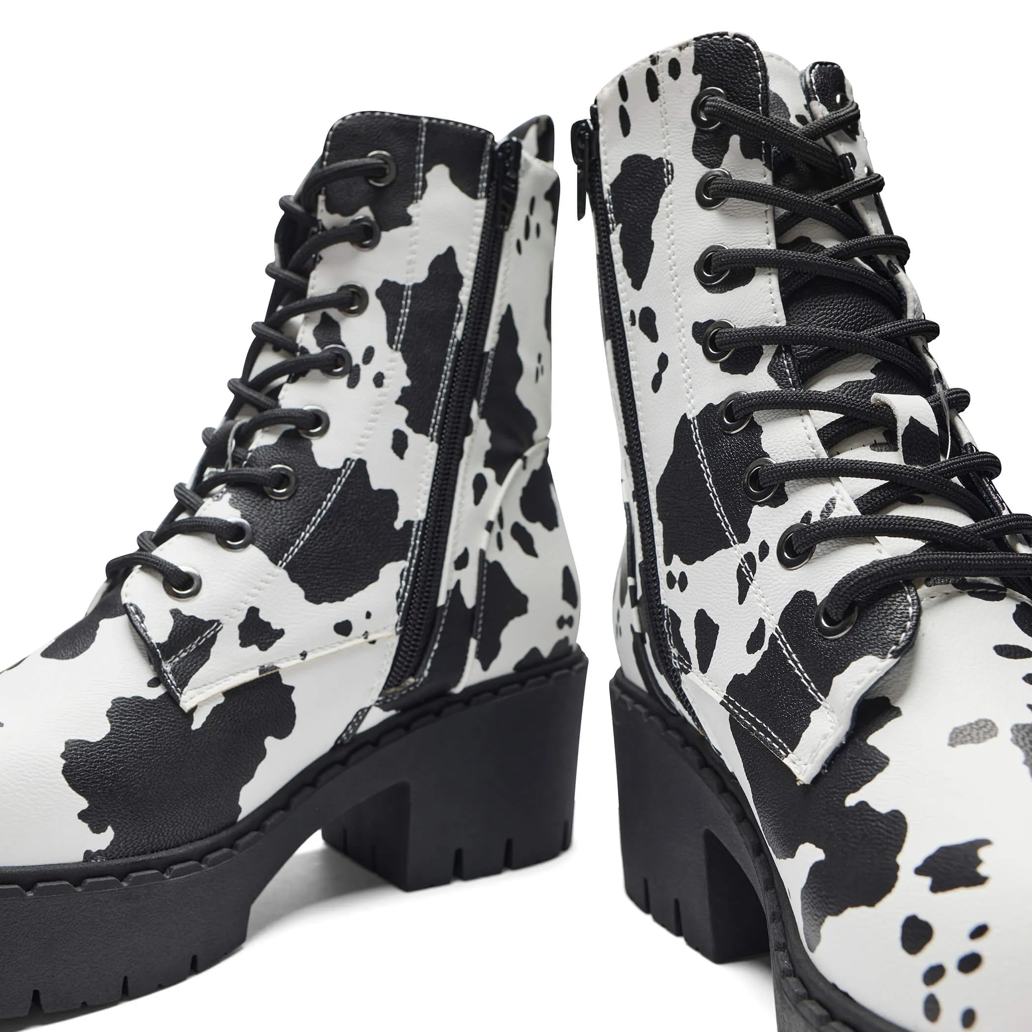 Daisy Cow Print Switch Lace Up Boots