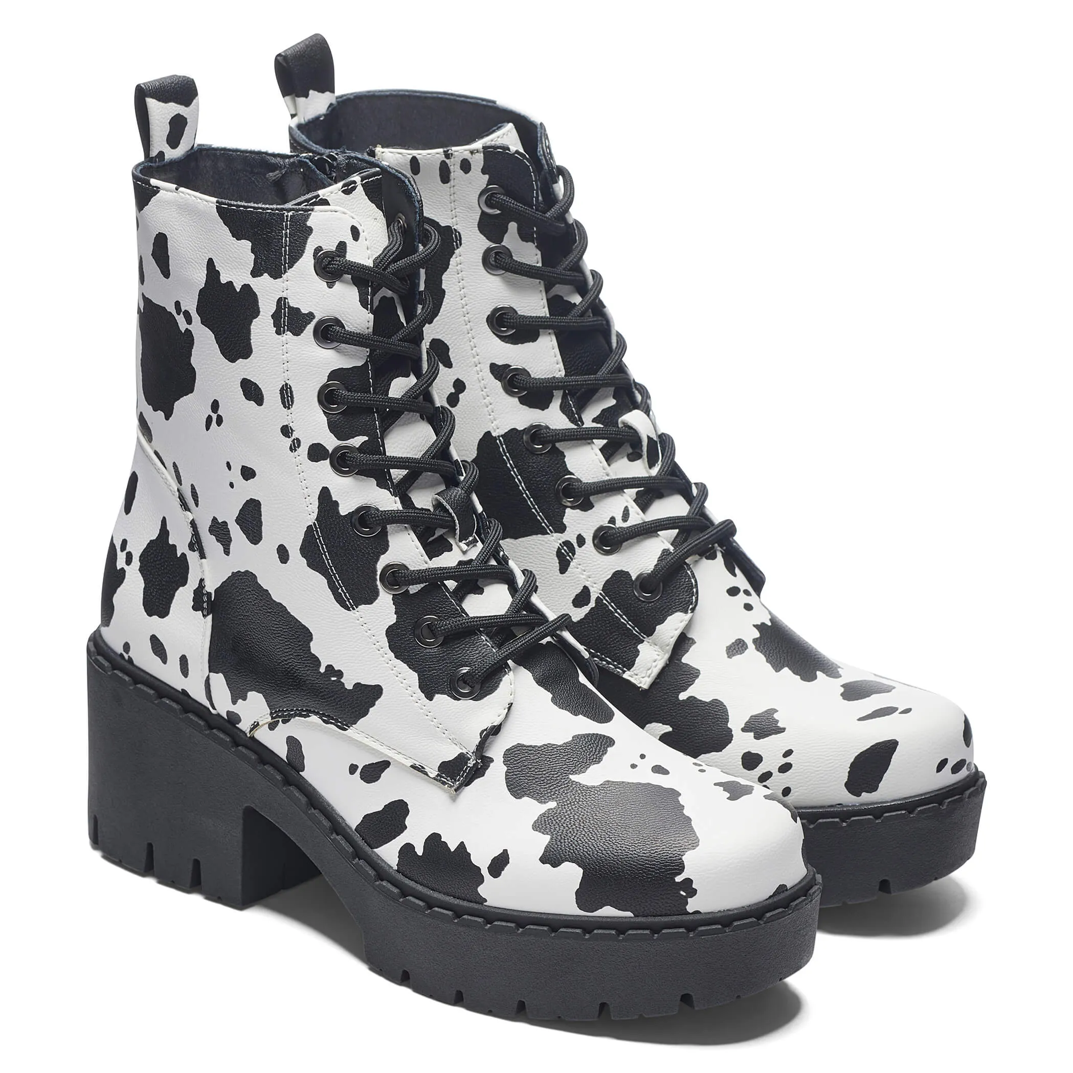 Daisy Cow Print Switch Lace Up Boots