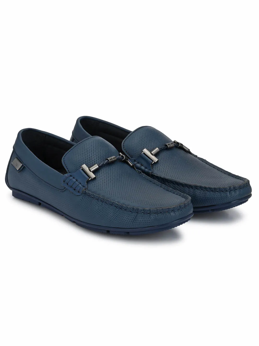 Hitz Men's Blue Leather Slip-On Casual Loafer Shoes