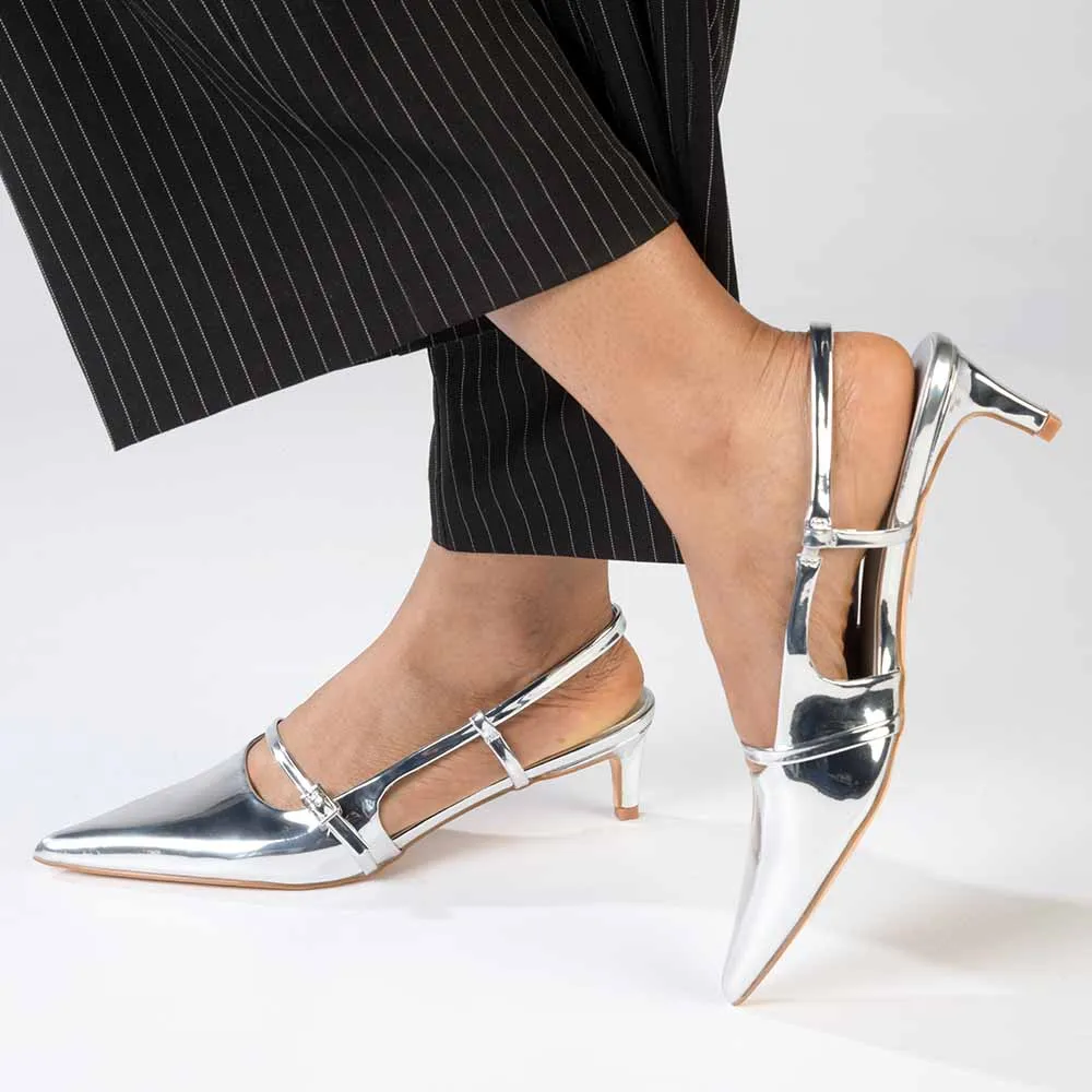 Madison Baila Kitten Slingback Heels - Silver