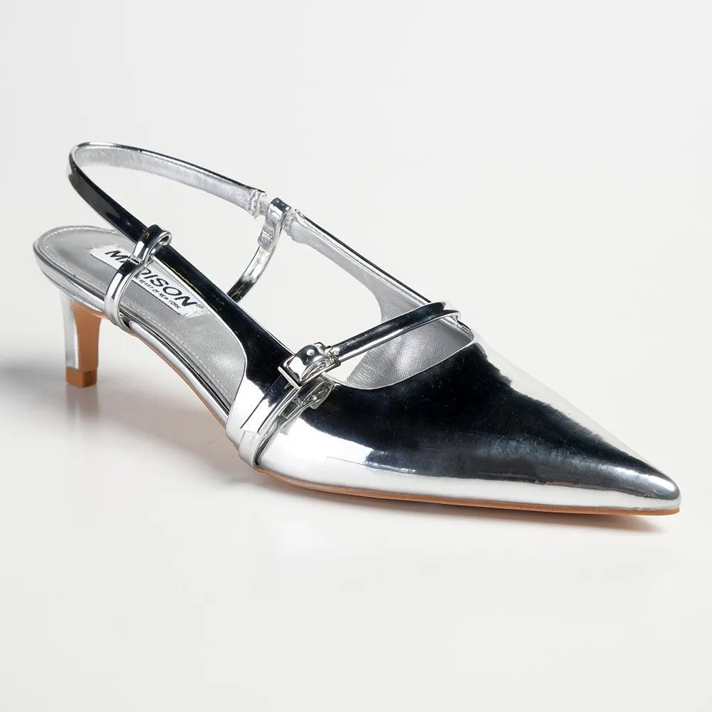 Madison Baila Kitten Slingback Heels - Silver