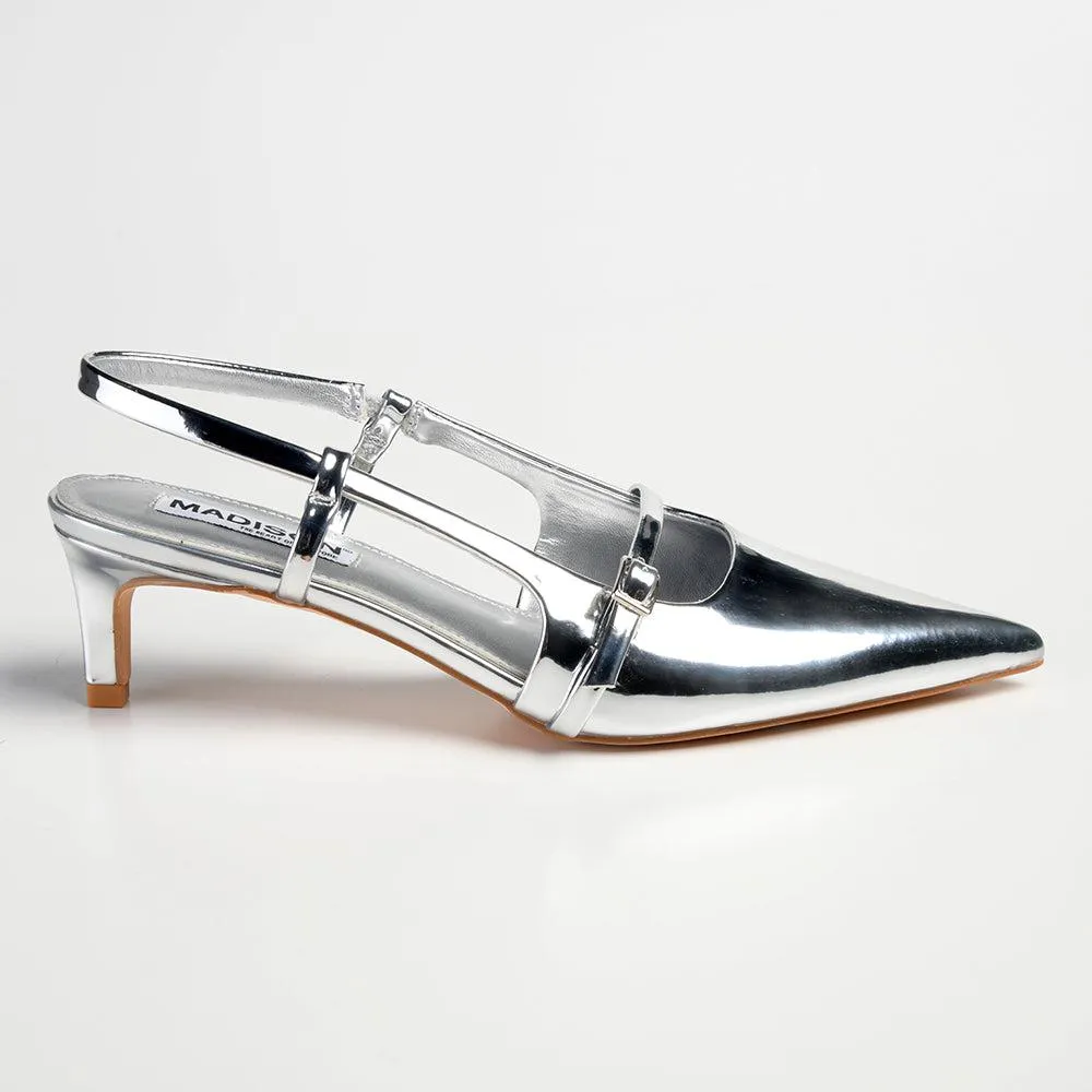 Madison Baila Kitten Slingback Heels - Silver