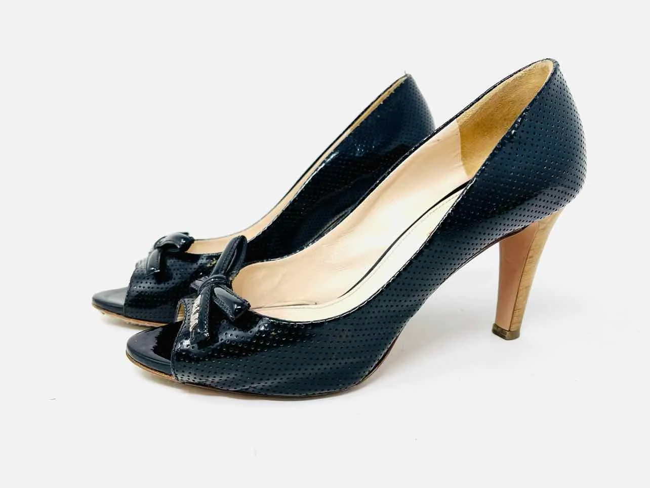 Prada Size 6.5 Black Peep Toe Patent Leather Designer AS IS Pumps