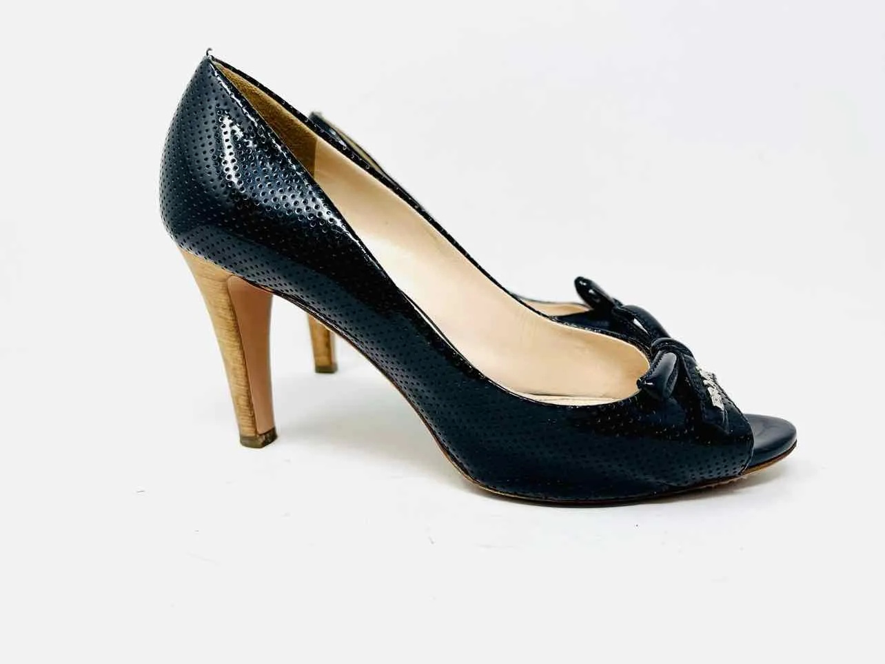 Prada Size 6.5 Black Peep Toe Patent Leather Designer AS IS Pumps