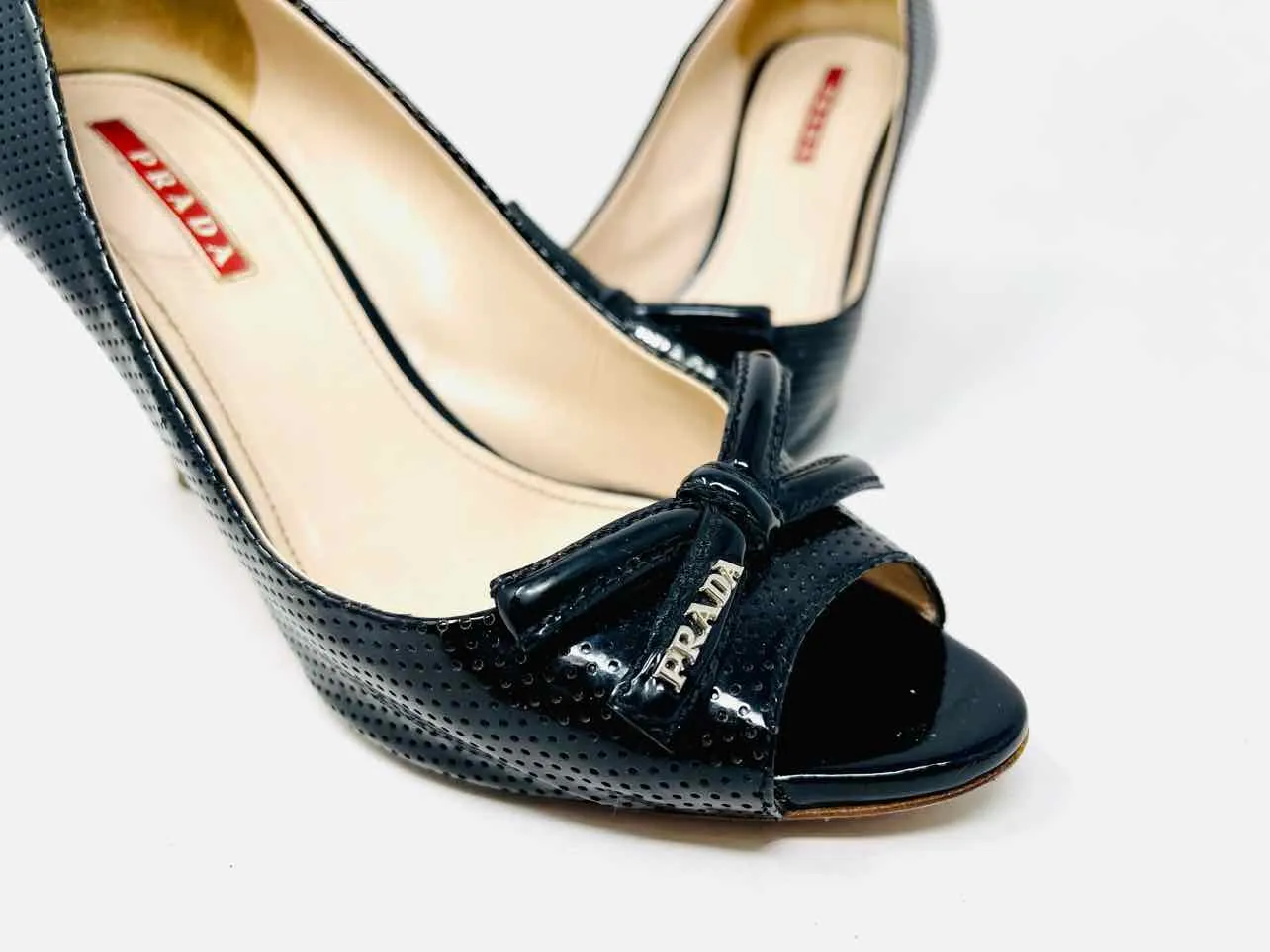 Prada Size 6.5 Black Peep Toe Patent Leather Designer AS IS Pumps