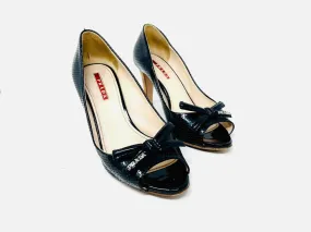 Prada Size 6.5 Black Peep Toe Patent Leather Designer AS IS Pumps