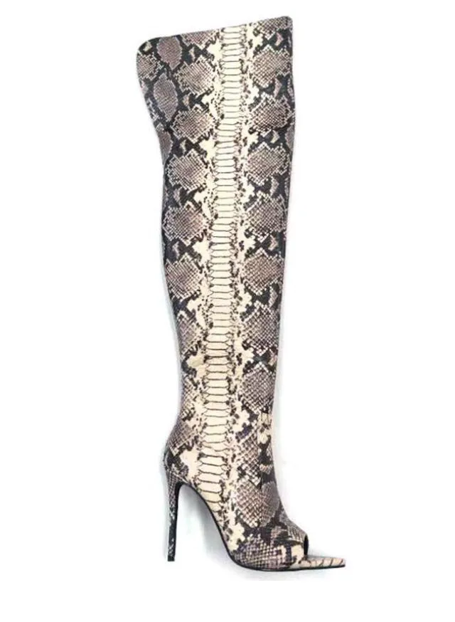 Snakeskin Peep Toe Thigh High Heel Boots