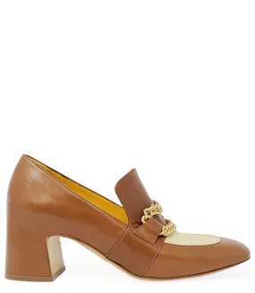 Tan & Cream Leather Mid Heel Loafer W/Chain