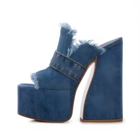 The Denim Open Toe Platform Pumps