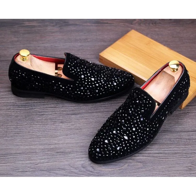 The Maurizio Crystal Studded Suede Penny Loafers